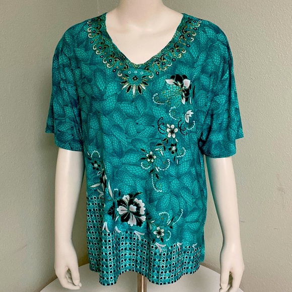 T-C Fashion Tops - T-C Fashion Embellished Print Green Blouse Size XXL